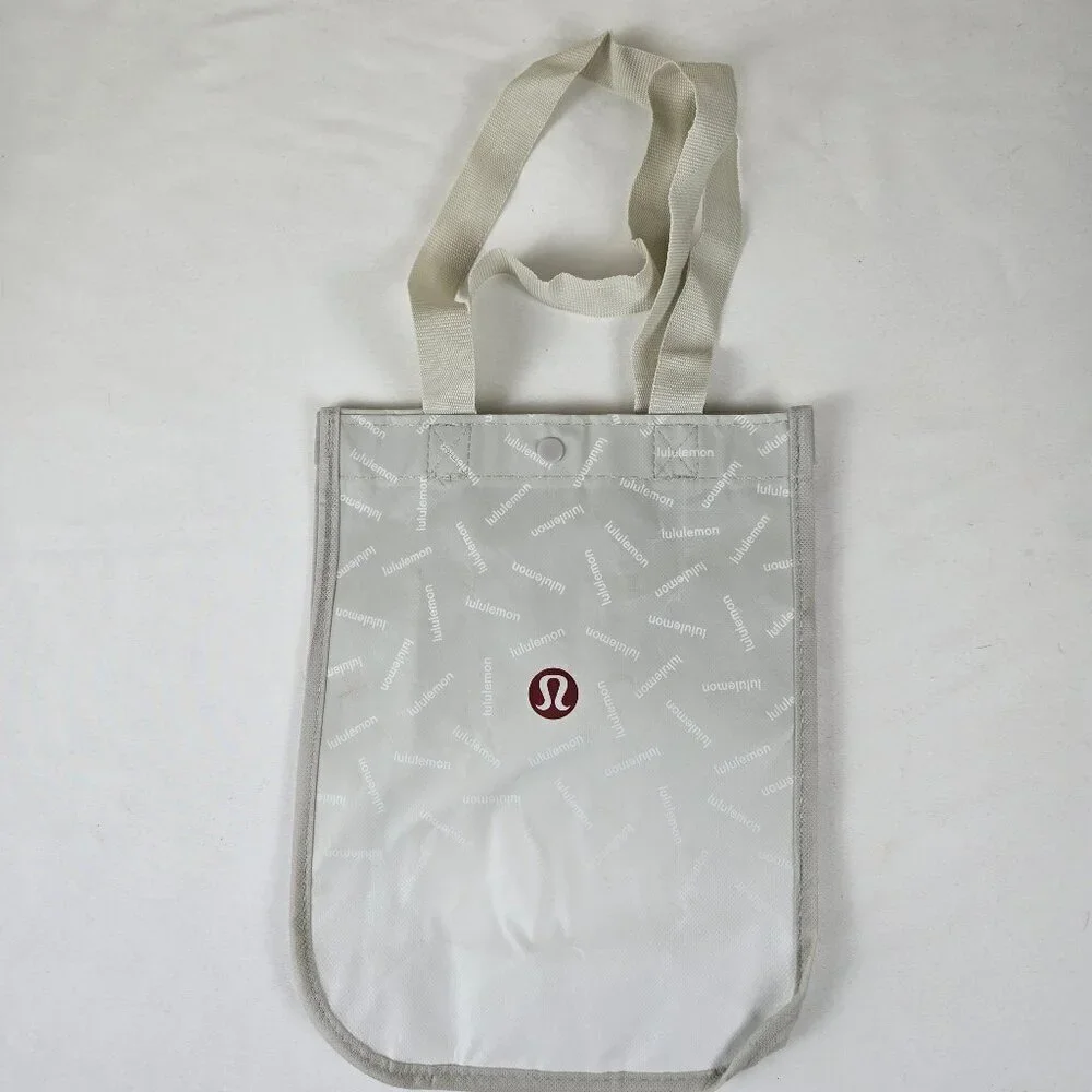 Lululemon White Reusable Tote Bag with Logo Double Handles Snap Top Closure